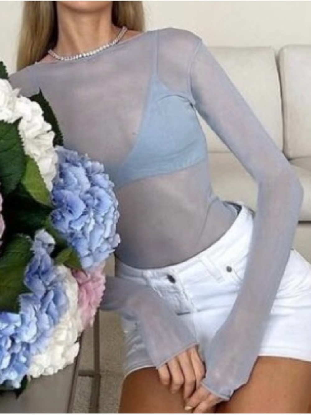 Zara Blue Sheer Long Sleeve Top. Size S